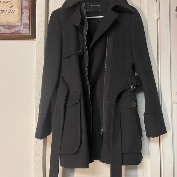 Zara basic belted black coat - Picture 3 of 11